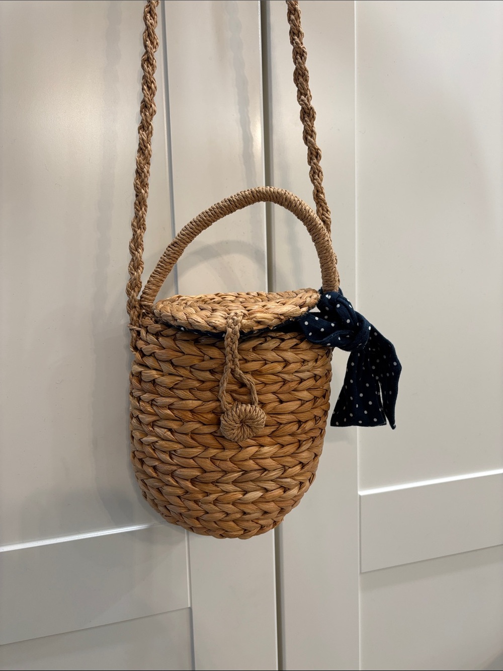 Woven Straw Bucket Crossbody Bag with Navy Polka Dot Scarf